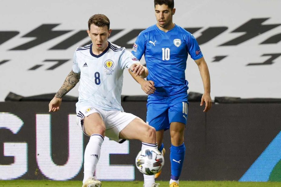 Der schottische Mittelfeldspieler Ryan Jack (L) wird von Israels Stürmer Manor Solomon (R) während des Fußballspiels der UEFA Nations League B Gruppe 2 zwischen Israel und Schottland im Netanya Municipal Stadium in der israelischen Stadt am 18. November 2020 markiert. (Photo by JACK GUEZ / AFP)